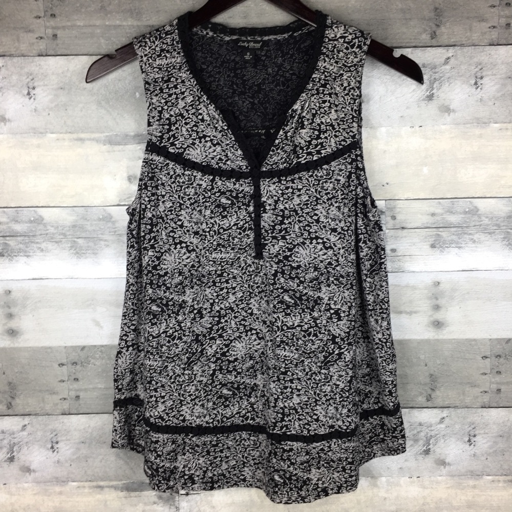 Lucky Brand Split Neck Top Crochet Inset Floral
